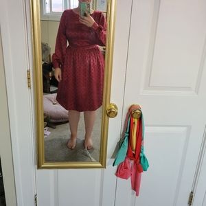 Modcloth wine satin polka dot button up back cocktail dress